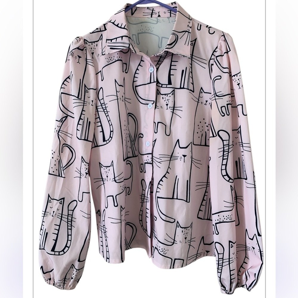 SHEIN Baby Pink Cat Print Button Down Blouse SIZE L